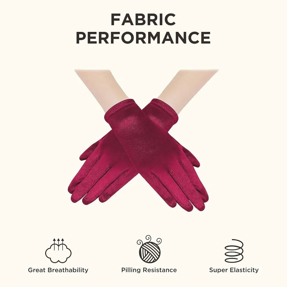 Women's Wine Red Satin Silk Gloves Banquet Wedding Party Costume Accessories